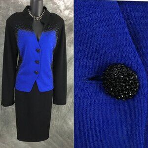 BEAUTIFUL St John knit blue black rhinestones embellished skirt suit size 12